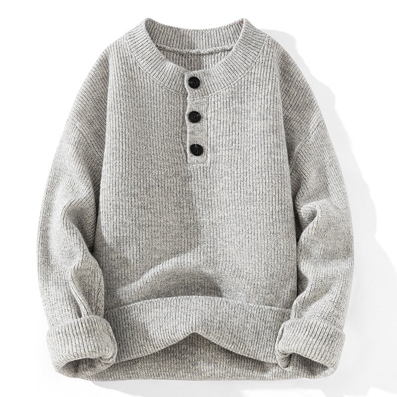 Unisex Grobstrick-Henley-Pullover mit halber Knopfleiste und Rippstruktur Echoarchiv