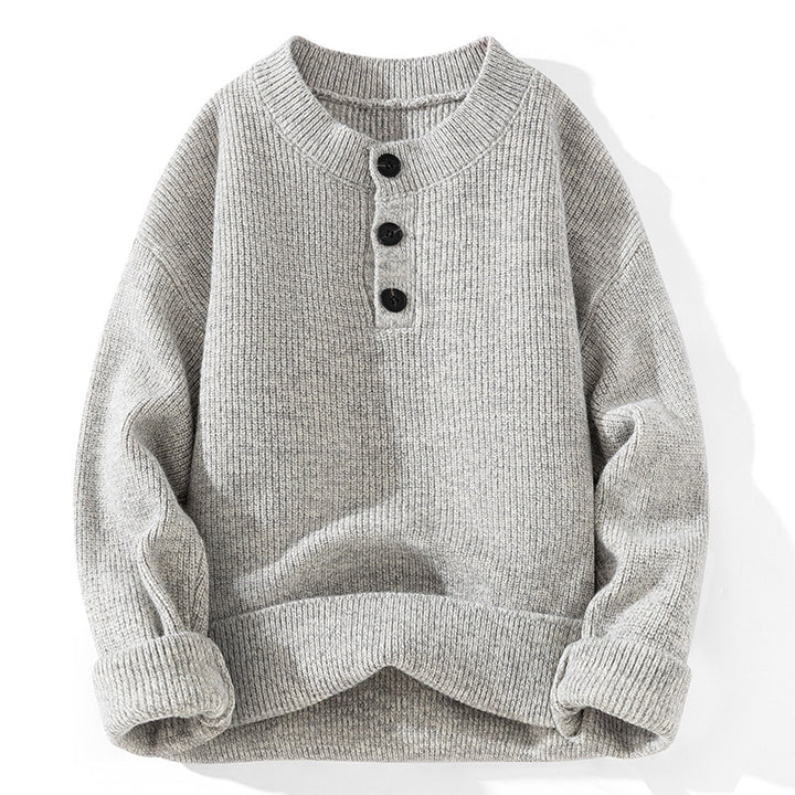 Unisex Grobstrick-Henley-Pullover mit halber Knopfleiste und Rippstruktur Echoarchiv