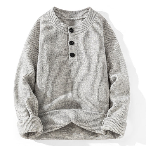 Unisex Grobstrick-Henley-Pullover mit halber Knopfleiste und Rippstruktur Echoarchiv