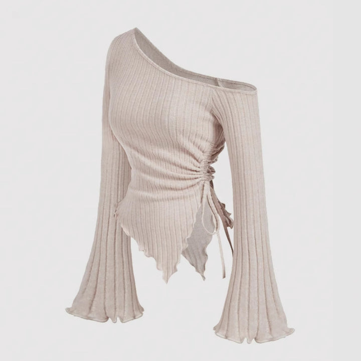 Damen Schulterfreies Rippstrick-Top mit asymmetrischem Saum, Glockenärmeln und Taillen-Schnürung – Avérine