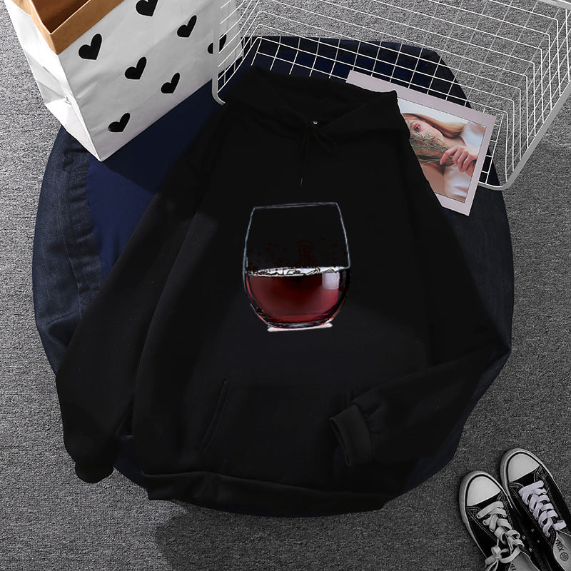 Damen lässiger Kapuzenhoodie mit fotorealistischer Weinglas‑Grafik, Kängurutasche und weichem Fleece – Auréline