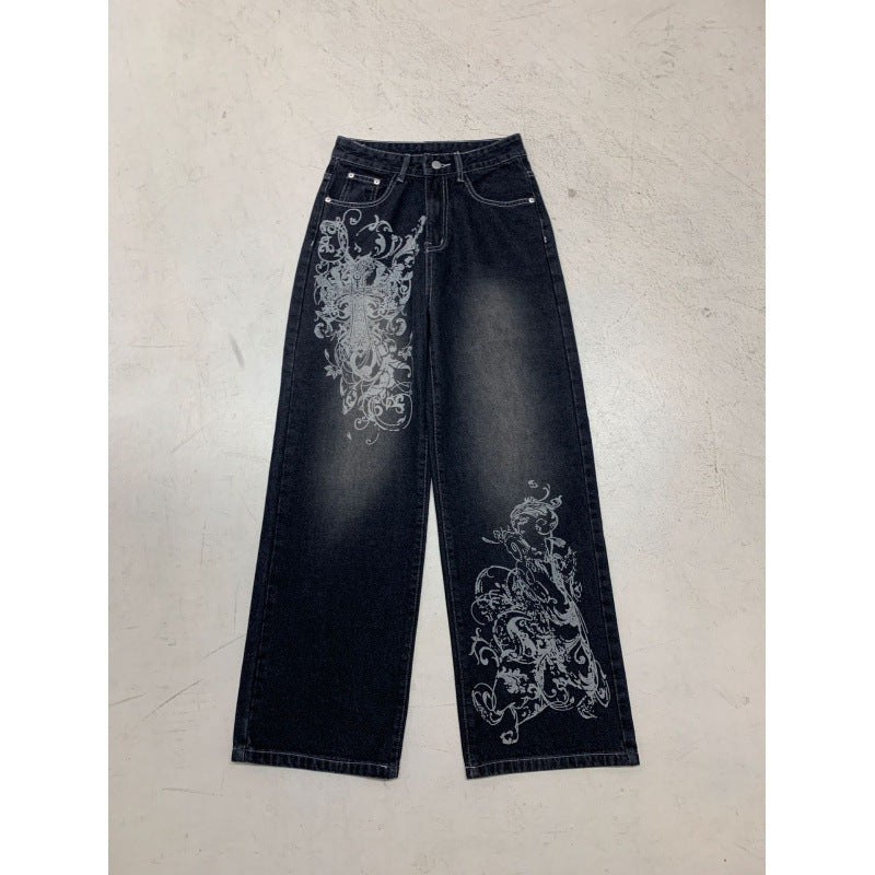Damen Weite Denim-Hose mit auffälligem grafischem Druck Echo Archiv