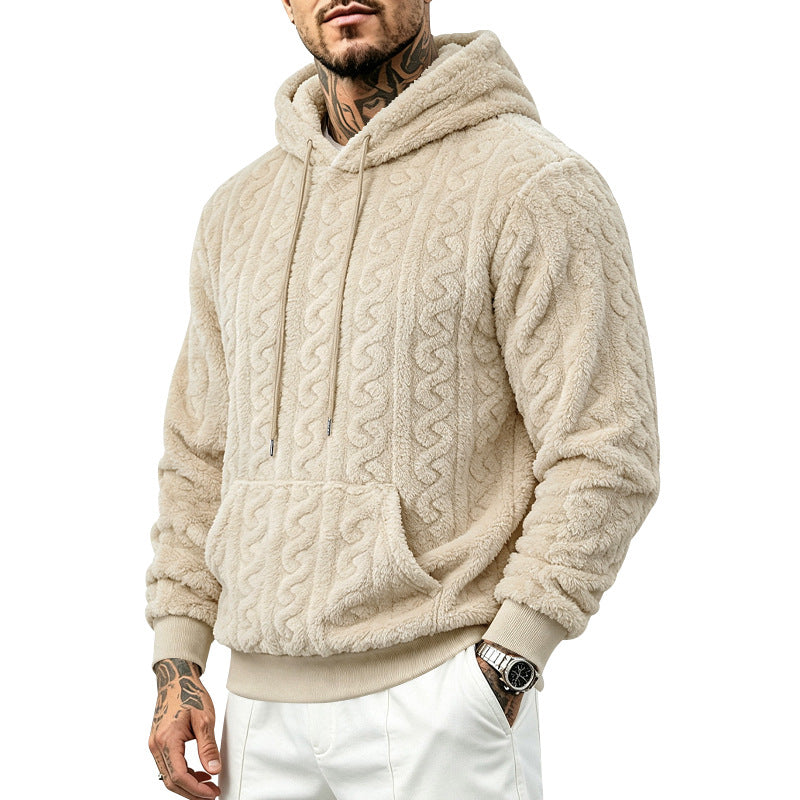 Herren Teddy-Fleecepullover mit Zopfmuster, Kapuze und Kängurutasche Echoarchiv