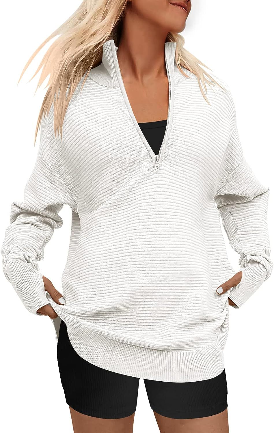 Damen Oversize-Feinstrickpullover mit halbem Reißverschluss, Stehkrragen und Daumenloch-Ärmeln Echo Archiv