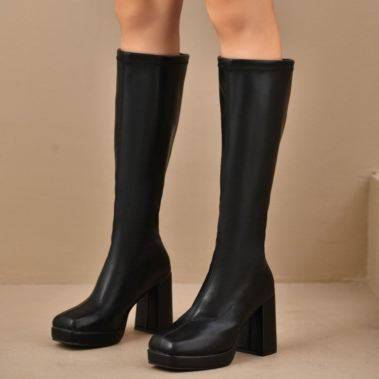 Damen Plateau-Kniestiefel mit klobigem Blockabsatz und Stretchschaft Echoarchiv