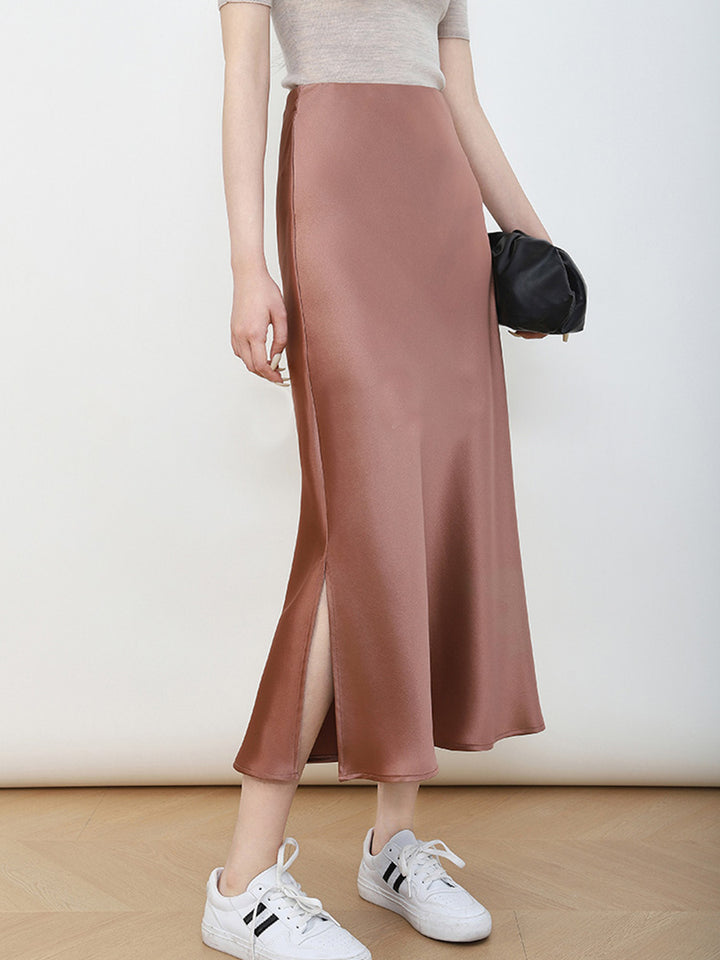 Damen Eleganter Hochtaillierter Satin-Midirock Echoarchiv