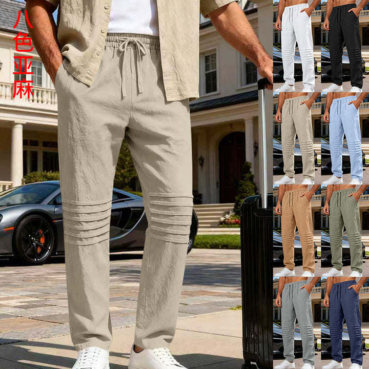 Herren Leinenoptik-Loungehose mit Tunnelzug elastischem Bund und abgesteppten Kniepanelen – Sorevano