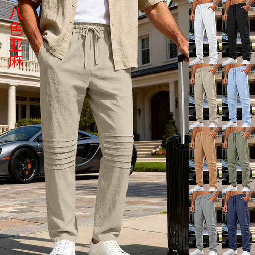 Herren Leinenoptik-Loungehose mit Tunnelzug elastischem Bund und abgesteppten Kniepanelen – Sorevano