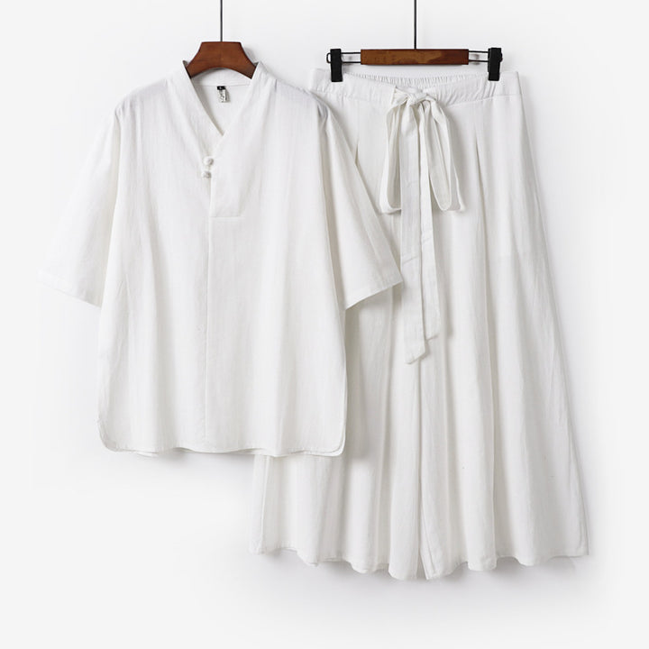 Unisex Zweiteiliges Kimono-Lounge-Set mit Stehkragen Kurzarmtop und weiter Bindbundhose Echoarchiv