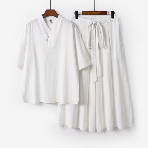 Unisex Zweiteiliges Kimono-Lounge-Set mit Stehkragen Kurzarmtop und weiter Bindbundhose Echoarchiv