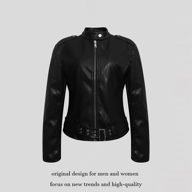 Damen Taillierte Lederoptik-Jacke mit Stehkragen, Schulterklappen und Taillengürtel Echoarchiv
