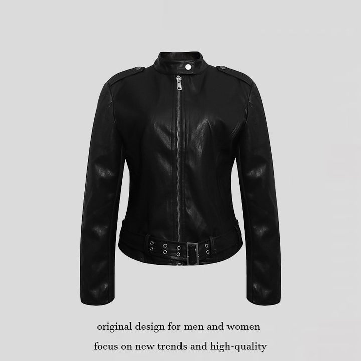 Damen Taillierte Lederoptik-Jacke mit Stehkragen, Schulterklappen und Taillengürtel Echoarchiv