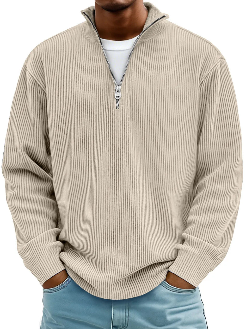 Herren nan gerippter Strickpullover mit halbem Reißverschluss und Stehkragen Echo Archiv