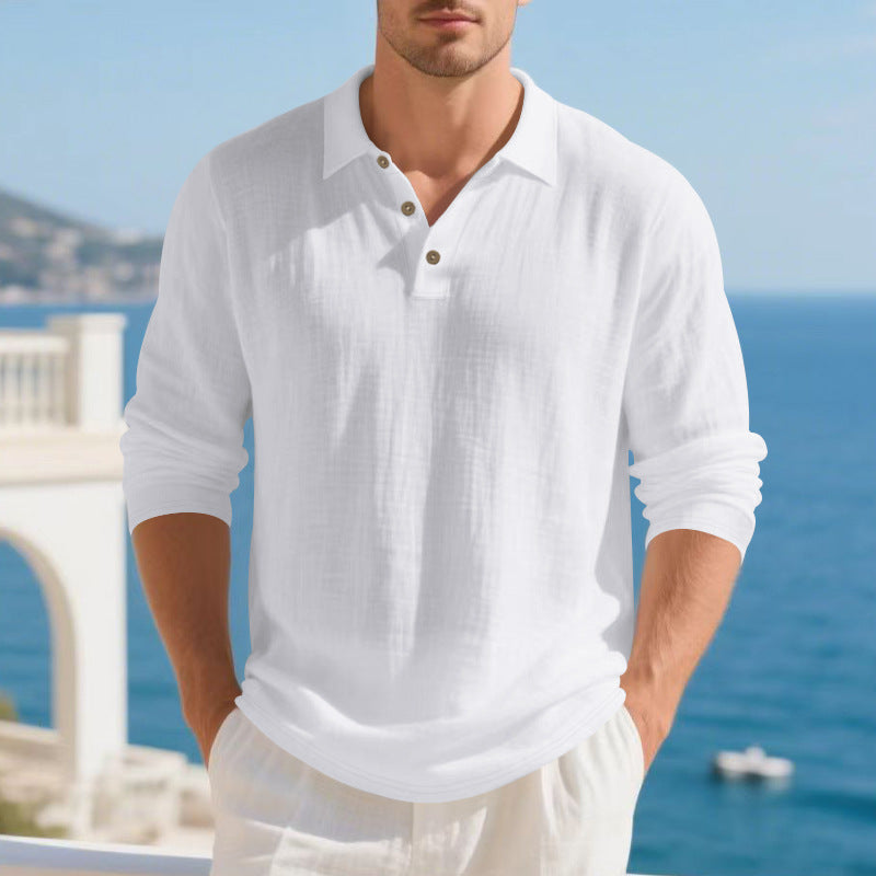 Herren nan Musselin-Langarm-Poloshirt mit Hemdkragen, kurzer Knopfleiste und natürlicher Knopfoptik Echo Archiv