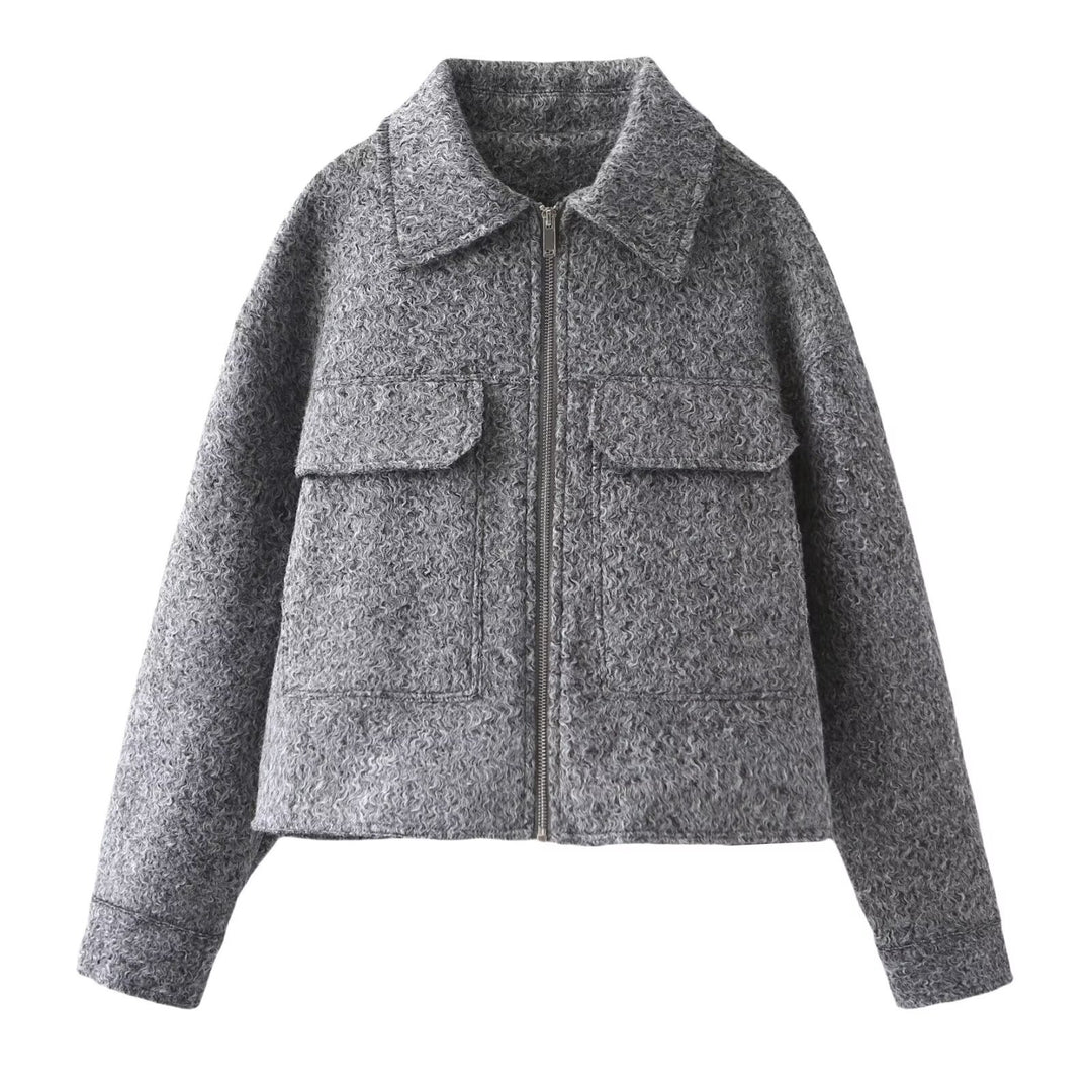 Damen Cropped-Hemdjacke aus Bouclé mit Boxy-Schnitt und Fronttaschen Echoarchiv