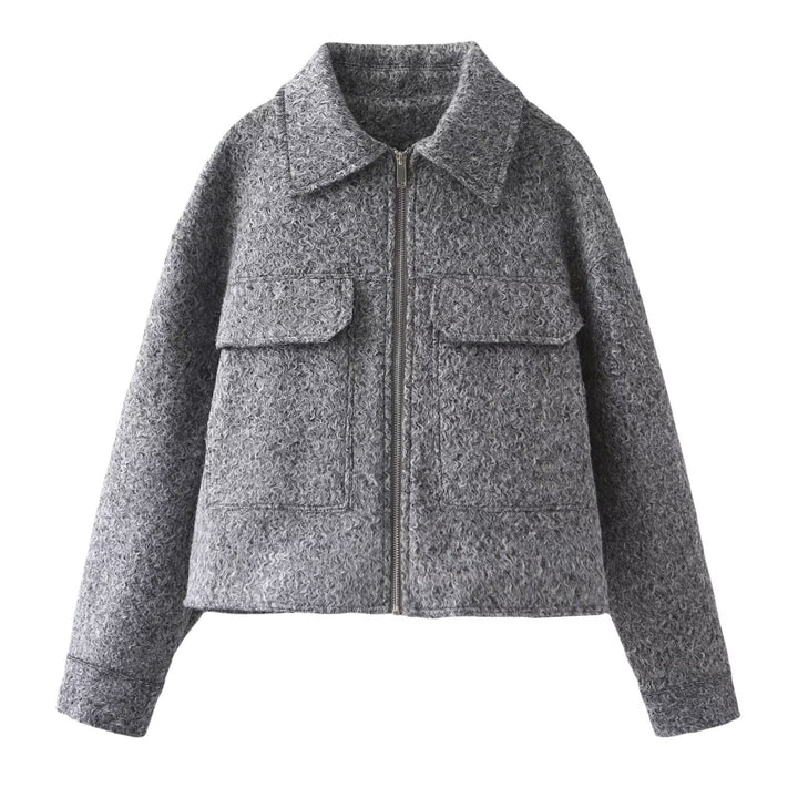 Damen Cropped-Hemdjacke aus Bouclé mit Boxy-Schnitt und Fronttaschen Echoarchiv