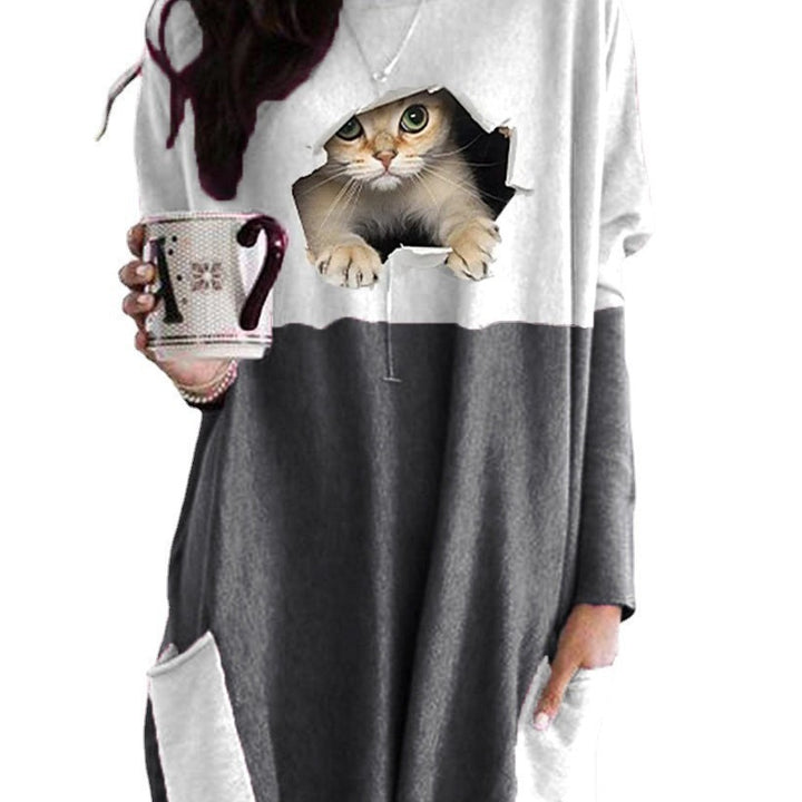 Frauen Längerer Colorblock Strickpullover mit Katzenmotiv und aufgesetzten Taschen Echoarchiv