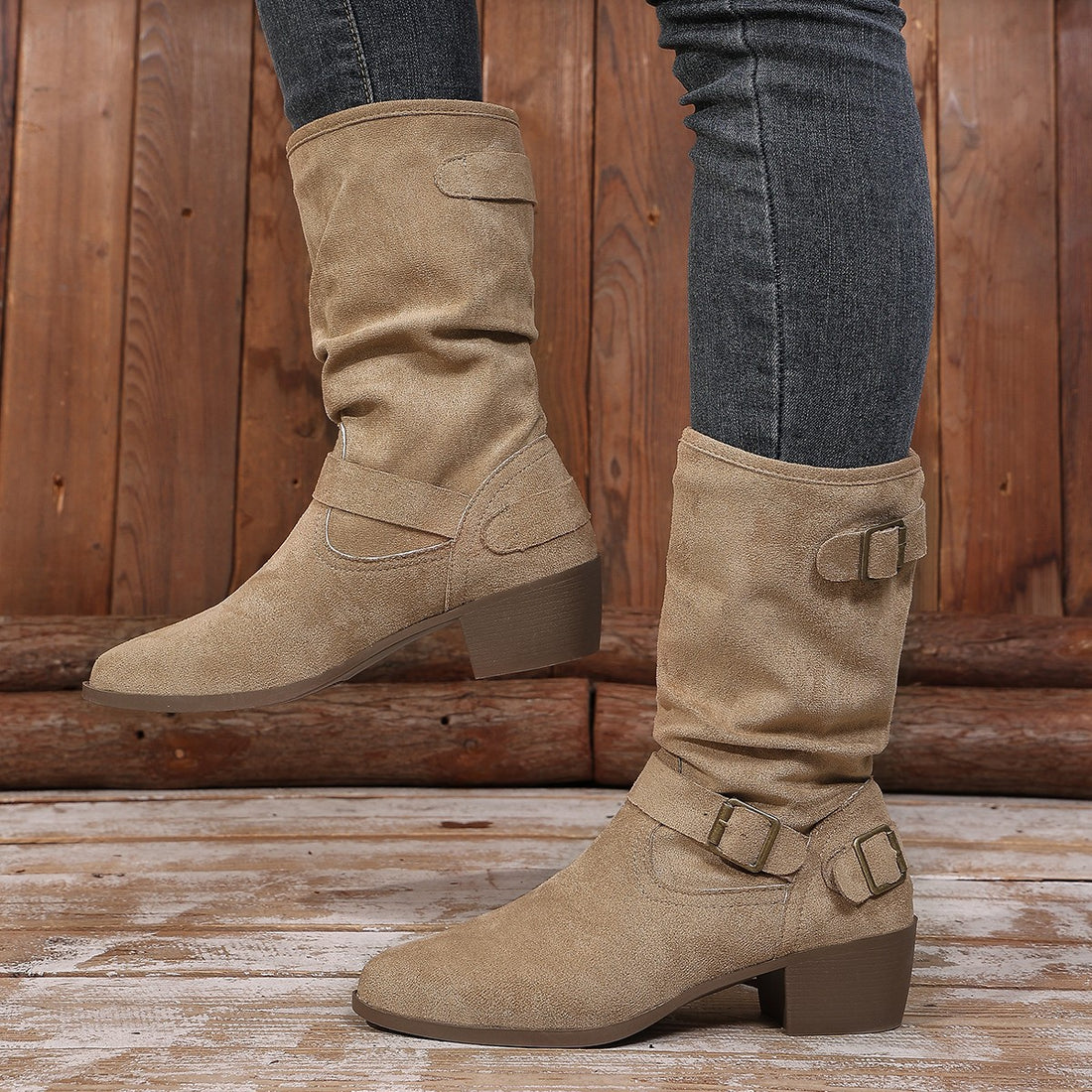 Damen Stiefeletten mit mittelhohem Blockabsatz und lässigem Slouch-Schaft – Varelle