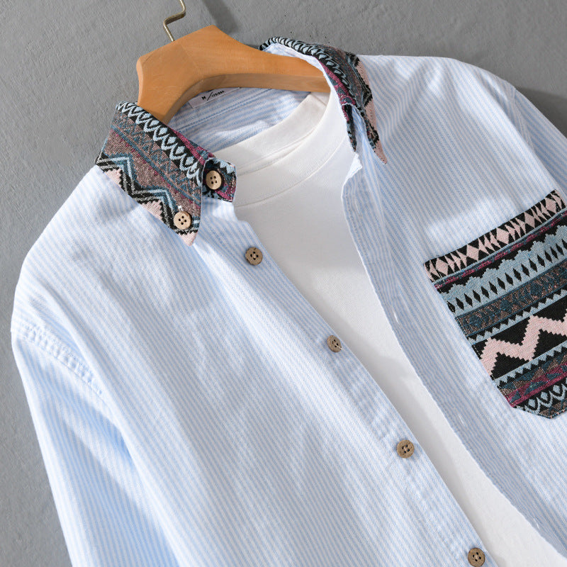 Herren Gestreiftes Baumwollhemd mit Jacquard-Kragen und Taschenbesatz Echoarchiv
