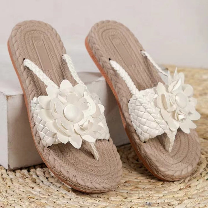Damen Geflochtene Zehentrenner‑Sandalen mit XXL‑Blütenapplikation und gepolstertem Komfortfußbett – Sorelia
