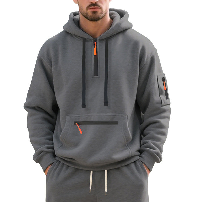 Herren Oversize-Kapuzenpullover mit halbem Reißverschluss, Kängurutasche mit Reißverschluss und Ärmel-Pocket Echoarchiv