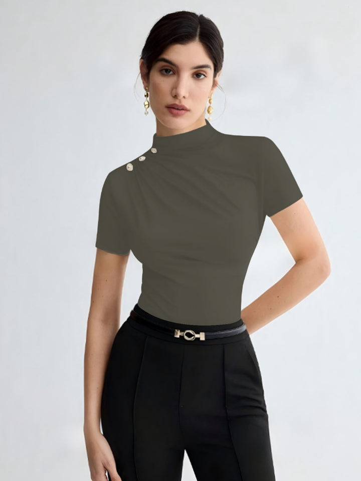 Damen elegantes Oberteil mit dekorativen Knopfdetails und modernem Stehkragen Echo Archiv