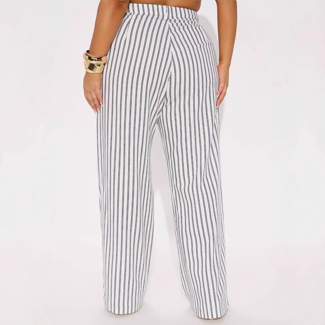 Damen Leinenoptik Palazzo-Hose mit hoher Taille und vertikalen Streifen – Avérine