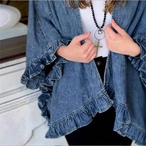 Damen Oversize-Jeans-Kimono mit Volantkante und offenem Fall Echo Archiv