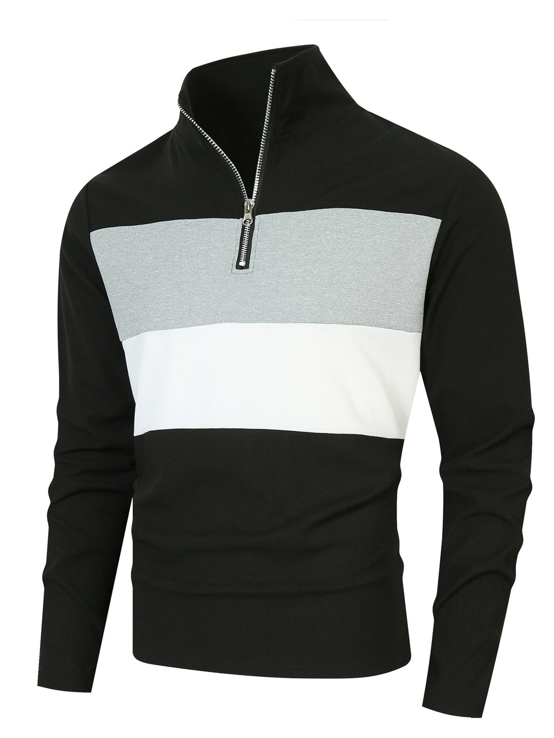 Herren Halbzip-Pullover mit Stehkragen, breitem Blockstreifen und fein gerippter Struktur – Norvane