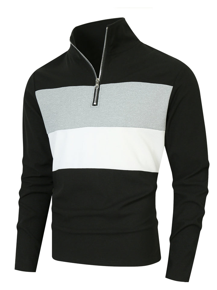 Herren Halbzip-Pullover mit Stehkragen, breitem Blockstreifen und fein gerippter Struktur – Norvane