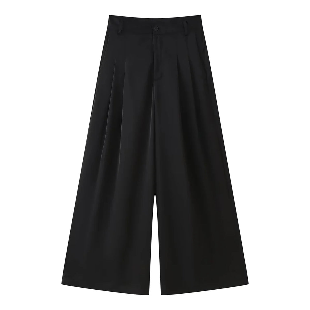 Damen weite Highwaist Culotte-Hose mit Bundfalten, Gürtelschlaufen und Knopfverschluss – Avélisse