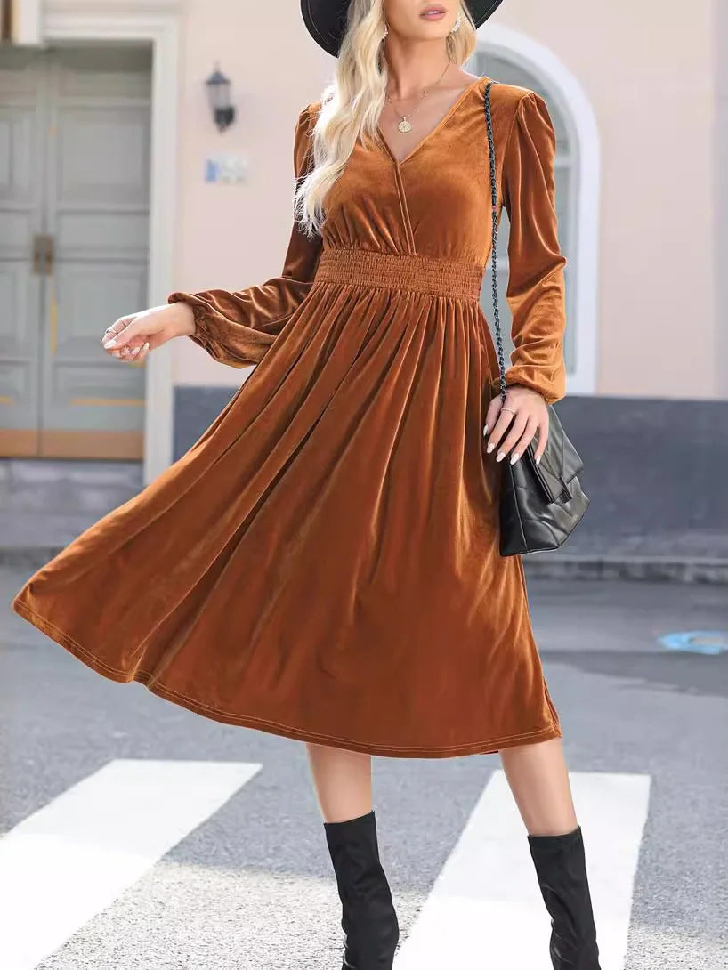 Damen Midikleid aus Samt mit V-Ausschnitt, geraffter Smock-Taille und langen Ballonärmeln – Élara