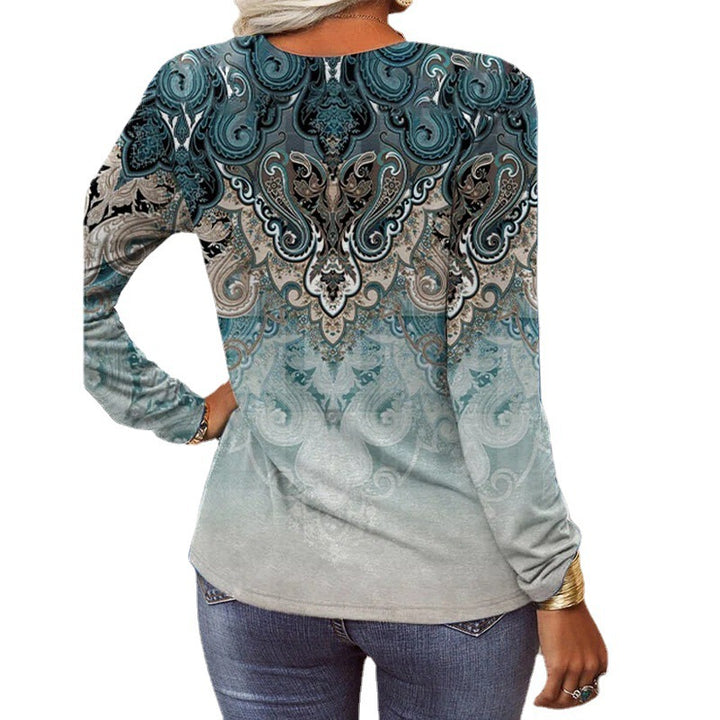 Damen Lockeres Langarm‑Henleyshirt mit V‑Ausschnitt, Knopfleiste und Ombre‑Print – Avérine