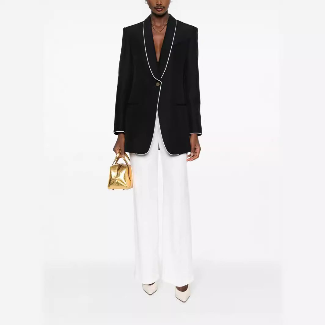 Damen Oversize-Blazer im Smokingstil mit kontrastierender Paspelierung und Ein-Knopf-Front Echoarchiv