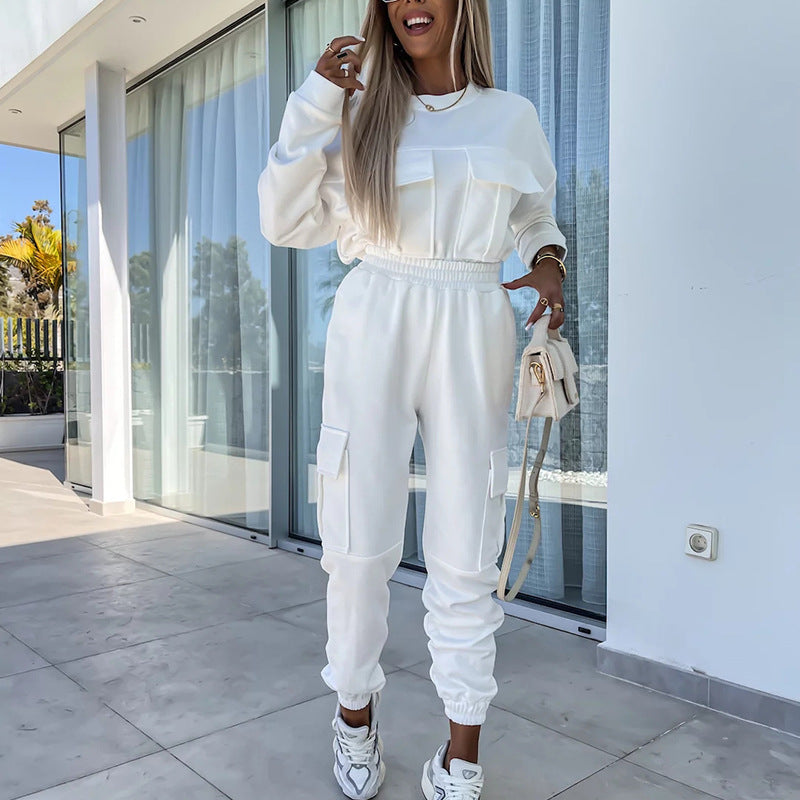 Damen Cargo-Loungewear-Set aus weicher Baumwollmischung mit hoher Taille und aufgesetzten Cargo-Taschen – Avélisse