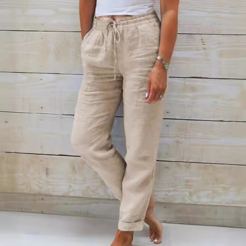 Damen nan lässige Leinenhose mit elastischem Bund und Kordelzug Echo Archiv