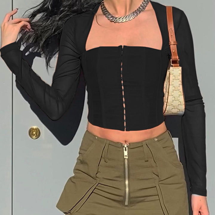 Damen Cropped Oberteil mit transparenten Ärmeln und strukturiertem Schnitt Echo Archiv
