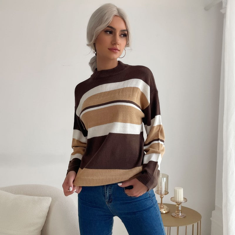 Damen Langärmliger Ringel-Feinstrickpullover mit kurzem Stehkragen und legerer Silhouette Echoarchiv