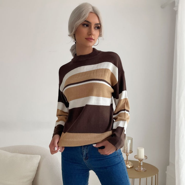 Damen Langärmliger Ringel-Feinstrickpullover mit kurzem Stehkragen und legerer Silhouette Echoarchiv