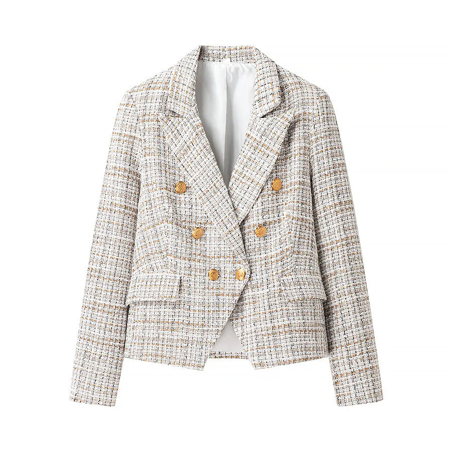 Damen tailliertes Bouclé‑Tweed Zweiteiler‑Set mit Doppelreiher‑Blazer und A‑Linien‑Shorts – Valéne