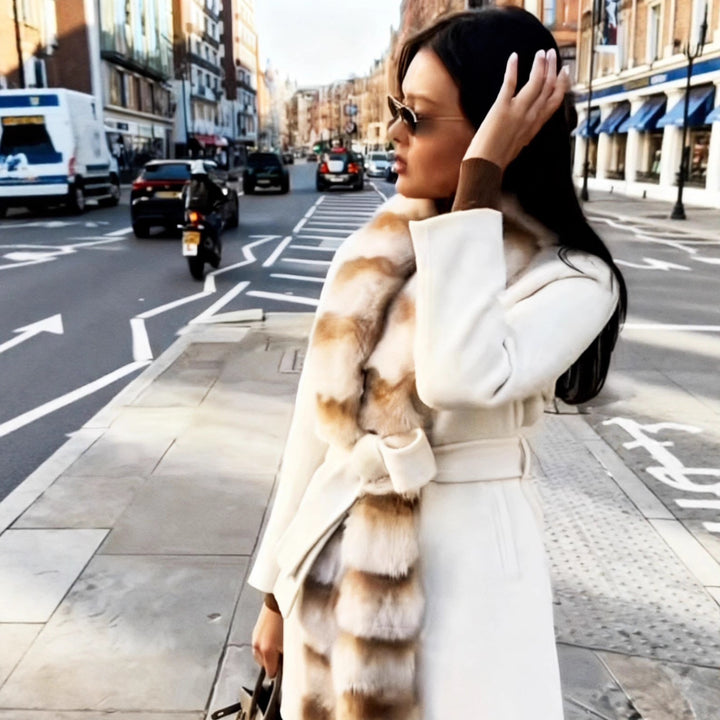 Damen Taillierter Wollmix-Mantel mit Bindegürtel und abnehmbarem Faux-Fur-Schalkragen Echo Archiv