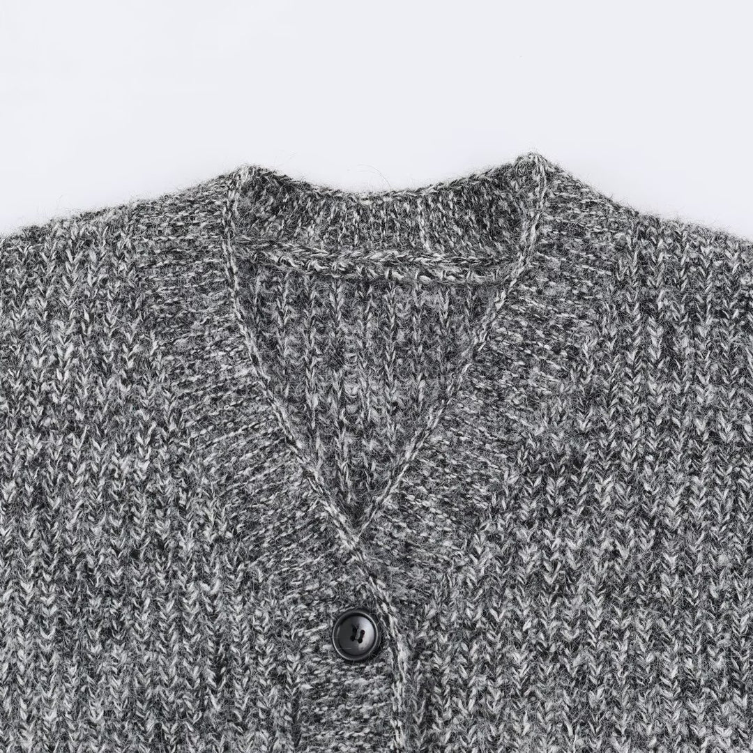 Damen Oversized Grobstrick-Cardigan mit tiefem V-Ausschnitt, Rippenstruktur und Ballonärmeln Echoarchiv
