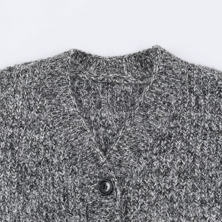 Damen Oversized Grobstrick-Cardigan mit tiefem V-Ausschnitt, Rippenstruktur und Ballonärmeln Echoarchiv