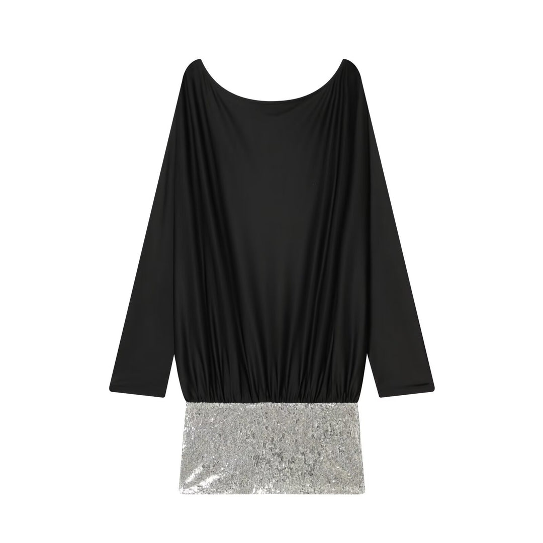 Damen Drapiertes Abendkleid mit weitem U‑Ausschnitt, Fledermausärmeln und Paillettenmini Echoarchiv