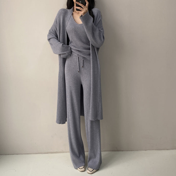 Damen Feinstrick-Loungewear-Set mit Longcardigan, Ripp-Top und weitem Strickhose Echoarchiv