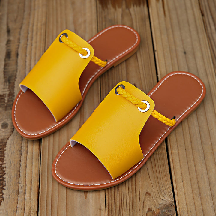 Damen nan elegante flache Pantolette mit breitem Obermaterial und geflochtenem Zehenriemen Echo Archiv