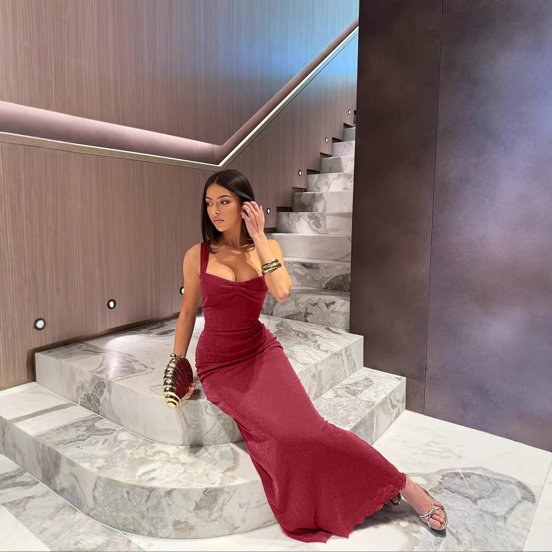 Damen Glitzerndes Maxikleid mit Carmen-Ausschnitt und figurformendem Schnitt Echo Archiv