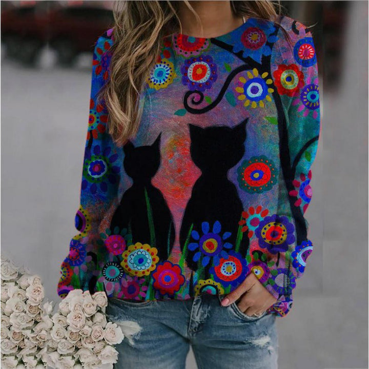 Damen Oversized-Sweatshirt mit künstlerischem Katzen-Print und floraler Musterung – Avérine