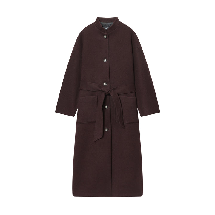 Damen langer Wollmantel mit Stehkragen, Druckknopfleiste, Bindegürtel und aufgesetzten Taschen – Montévia