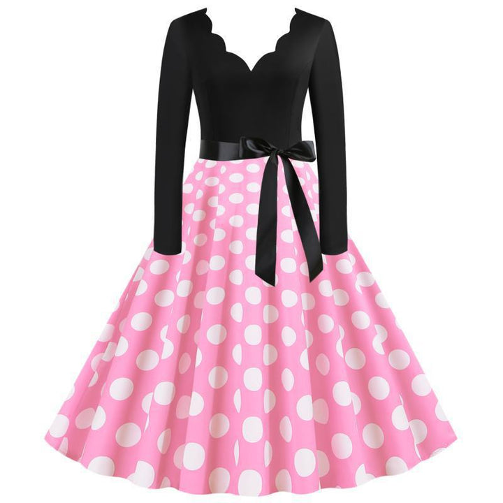 Damen Retro-Swingkleid mit langen Ärmeln tailliertem Oberteil gepunktetem Tellerrock und Schleifengürtel – Élara